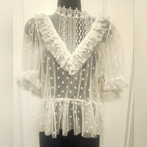 Blashe Chic White Lace Polka Dot Blouse Size LARGE NWT